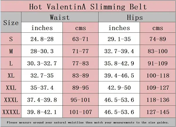 ValentinA Hot Slimming Belt Sizes